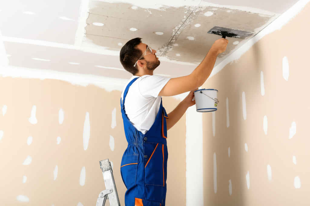 Worker repairing ceiling