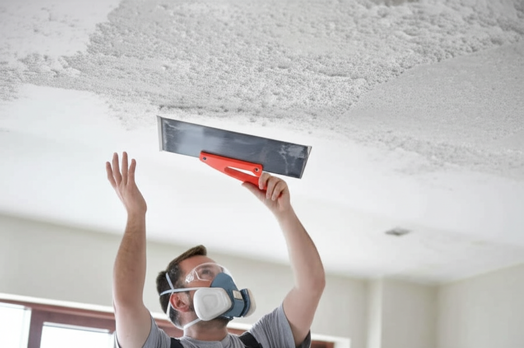 Worker removing popcorn ceiling