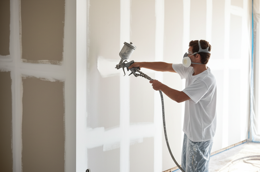 Worker applying texture to wall